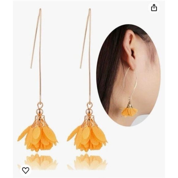 Dainty Yellow Cloth Flower Dangle Goldtone Fancy Earwire Earrings - Picture 2 of 11